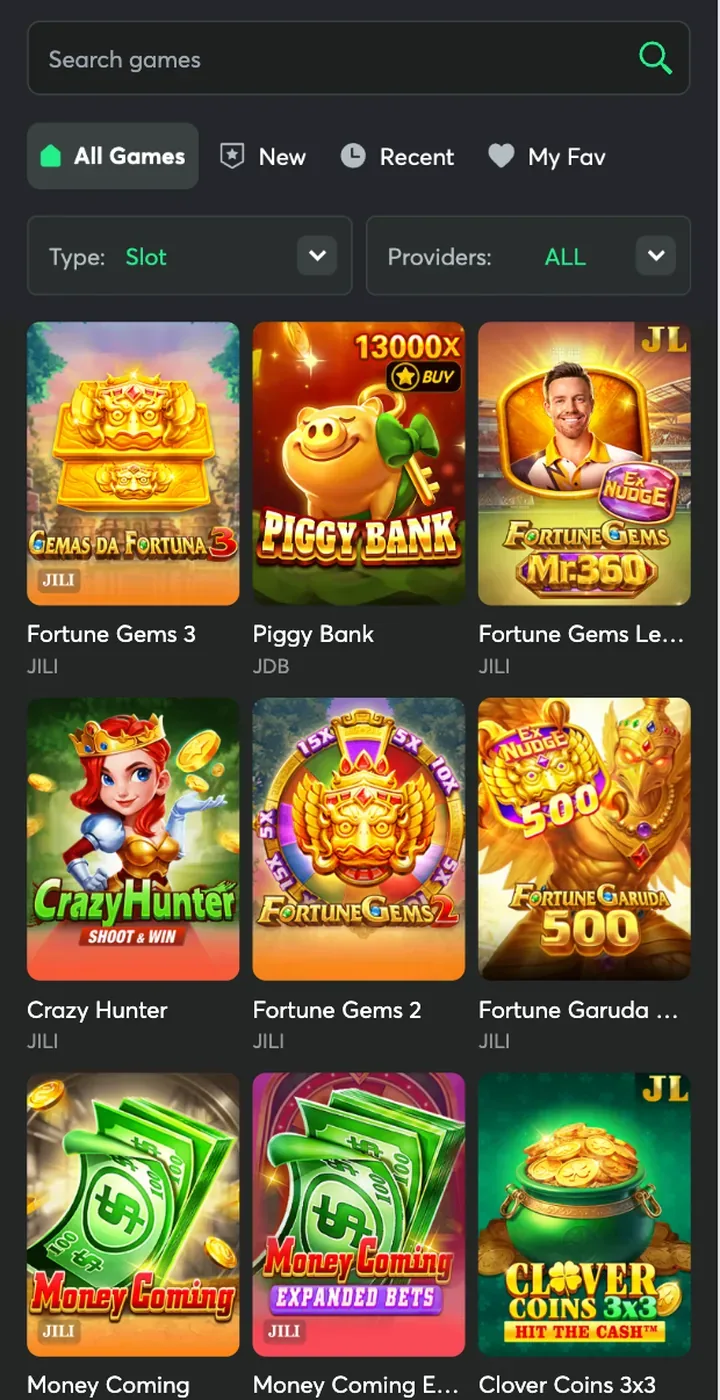 Jeet Spin slots lobby with Fortune Gems, Piggy Bank and Money Coming