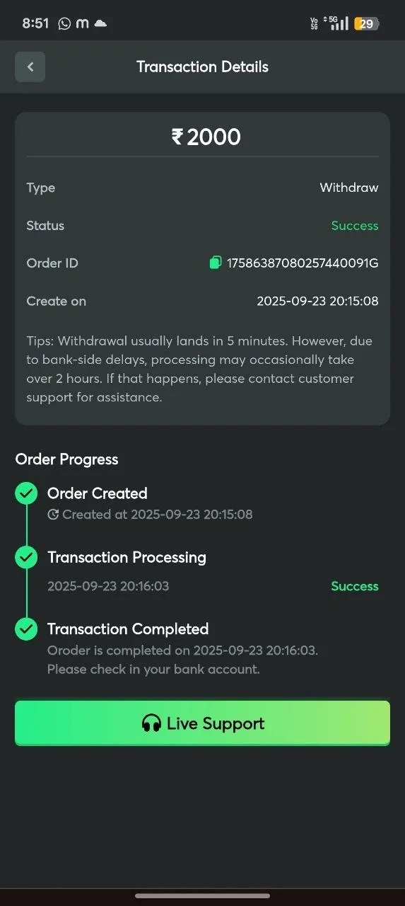 Jeet Spin UPI withdraw Success ticket for 2000 rupees dated 23 Sep 2025